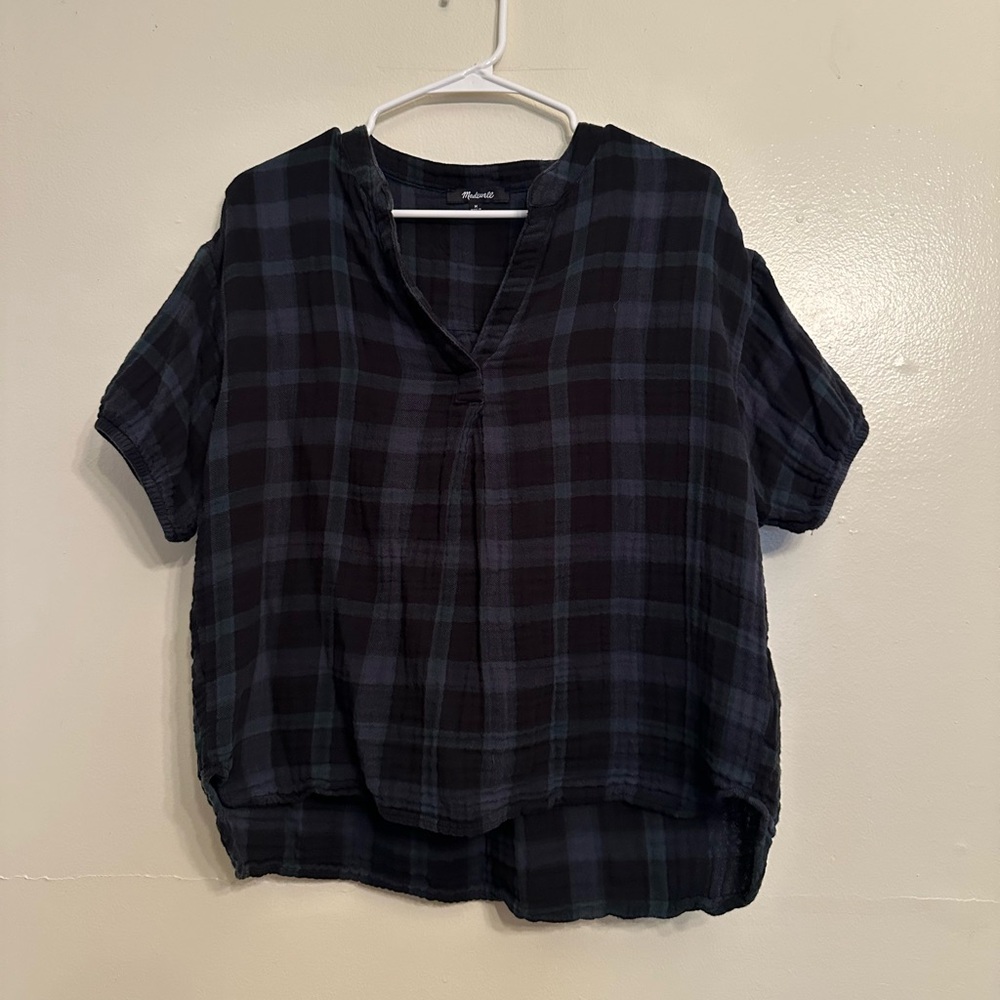 Madewell Short-Sleeve Plaid V-Neck Tunic - Dark Blue and Dark Green